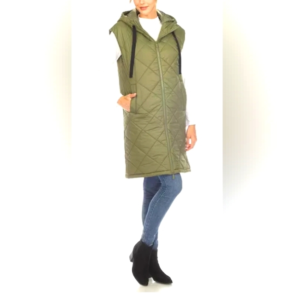 Diamond Quilted Hooded Long Puffer Vest Jacket - Olive - Picture 6 of 7